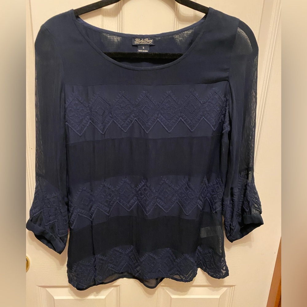 Lucky Brand Navy Blue Shirt Women’s Small - bands of & embroidery details
